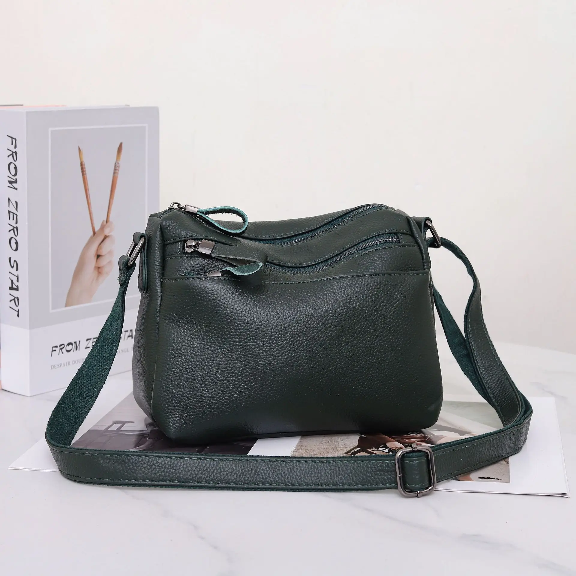 Women's Genuine Leather Crossbody Bag, Multi-Pocket Organizer Tote, Diaper Bag for Moms, Full-Grain Leather Handmade Purse 2