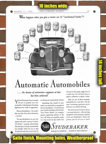 

Металлический знак-1933 Studebaker- 10x14 дюймов