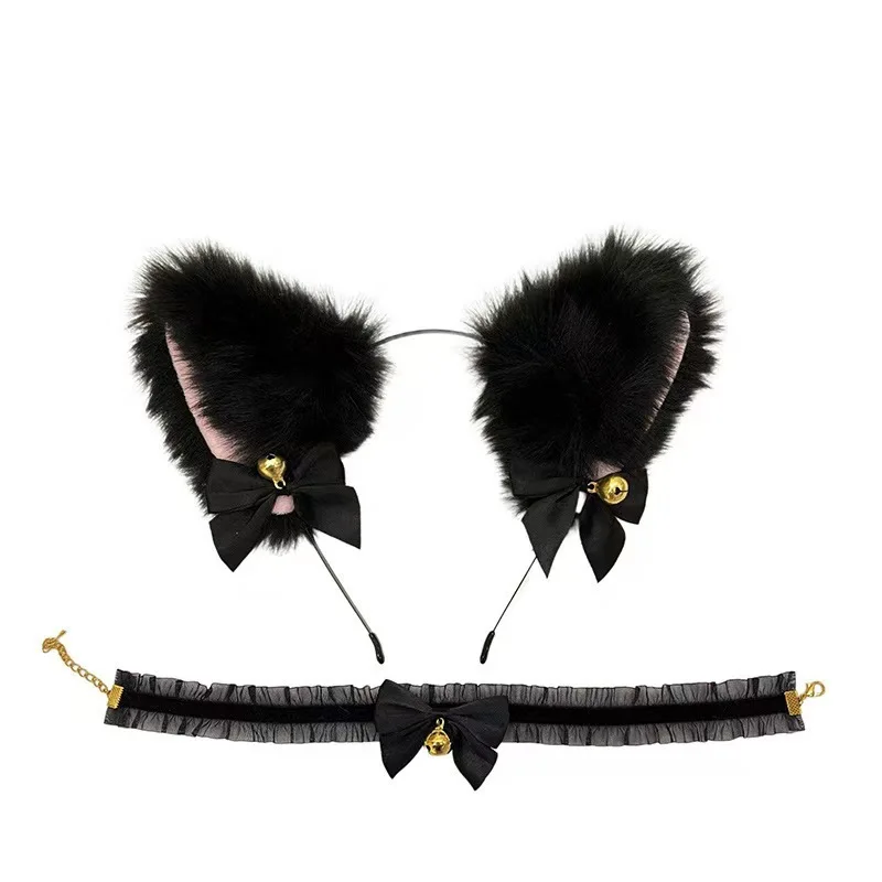 Fashionable Sweet and Cute Cat Ear Bell Headband Black Wild Small Collar Kawaii Bow Bell Collar Choker Bracelet Accessories
