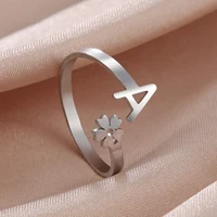 Amaxer Tiny Initial Letter Rings For Women Stainless Steel Flower Alphabet Finger Adjustable A-Z Ring Boho Aesthetic Jewelry Gif 1