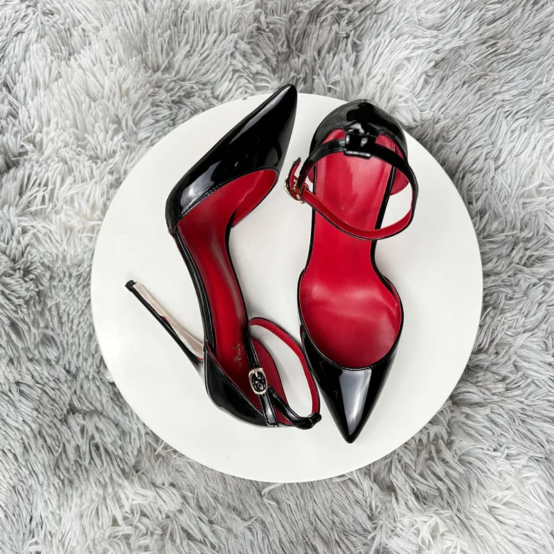 Black Patent Leather Women Ankle Strap Stiletto Pumps Pointed Toe Sexy High Heel Shoes 8cm 10cm 12cm Customize 33-46 3
