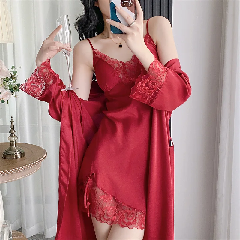 Twinset طقم حمام نسائي من الدانتيل وثوب نوم كيمونو...