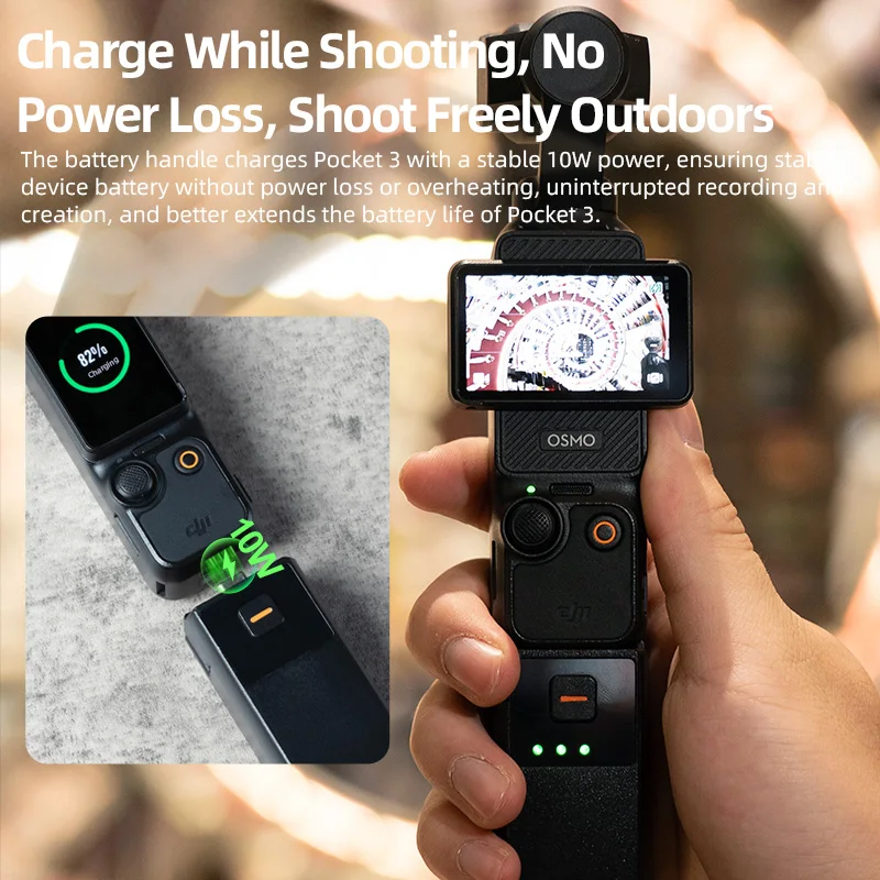 Face avant de la poignée batterie LKTOP 5000mAh montrant le port USB-C et le bouton d'alimentation pour DJI Osmo Pocket 3.