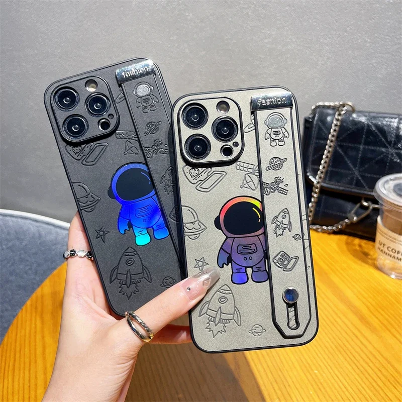 Étui en cuir avec support de dragonne d'astronaute Laser, pour IPhone 15 14 13 12 Pro Max Plus 11 15Pro 14Pro IPhone15 I15_voghion.com