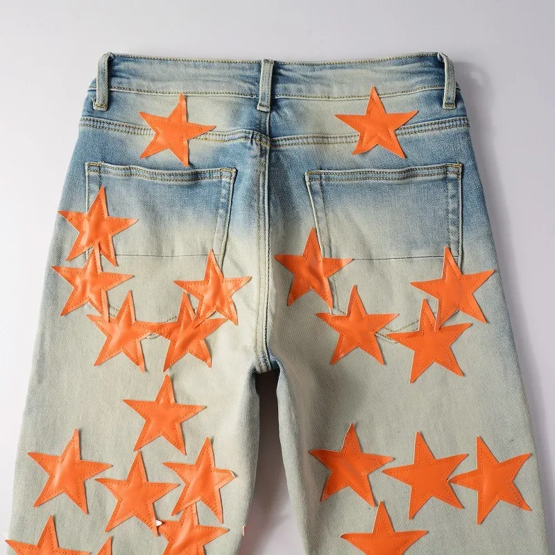 Men Leather Stars Patches Jeans Streetwear Slim Skinny Stretch Denim Pencil Pants Holes Ripped Patchwork Tapered Trousers