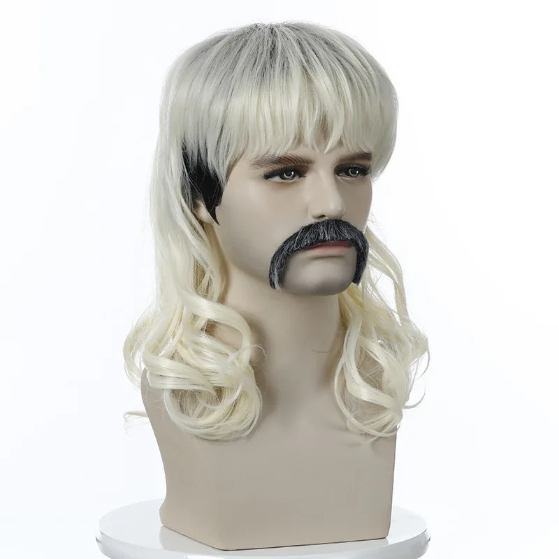 Tiger King Joe Cosplay Wig Bangs Curly Hair Earrings Mustache Set Halloween Carnival Props
