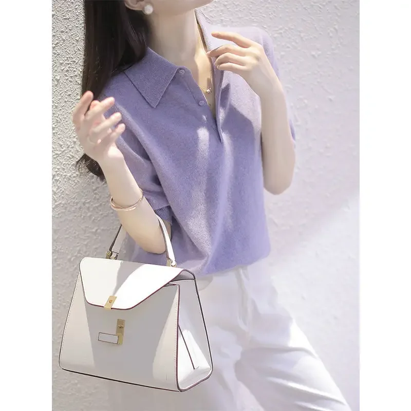 女性用Tシャツ ニットボタン バギー プレーン ポロネック レディース服 トレンド2025 新作 エステティック 高品質 半袖Tシャツ