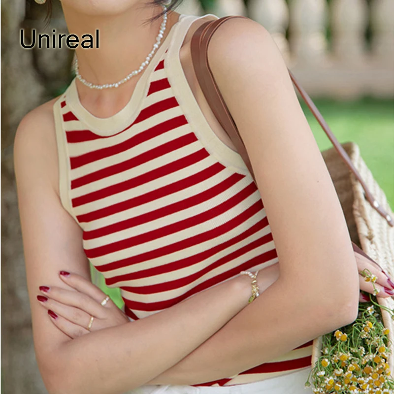 

Unireal 2022 Summer Women Striped Tanks Tops Sleeveless Red Black Sexy Camis Vest Knitted Crop Top