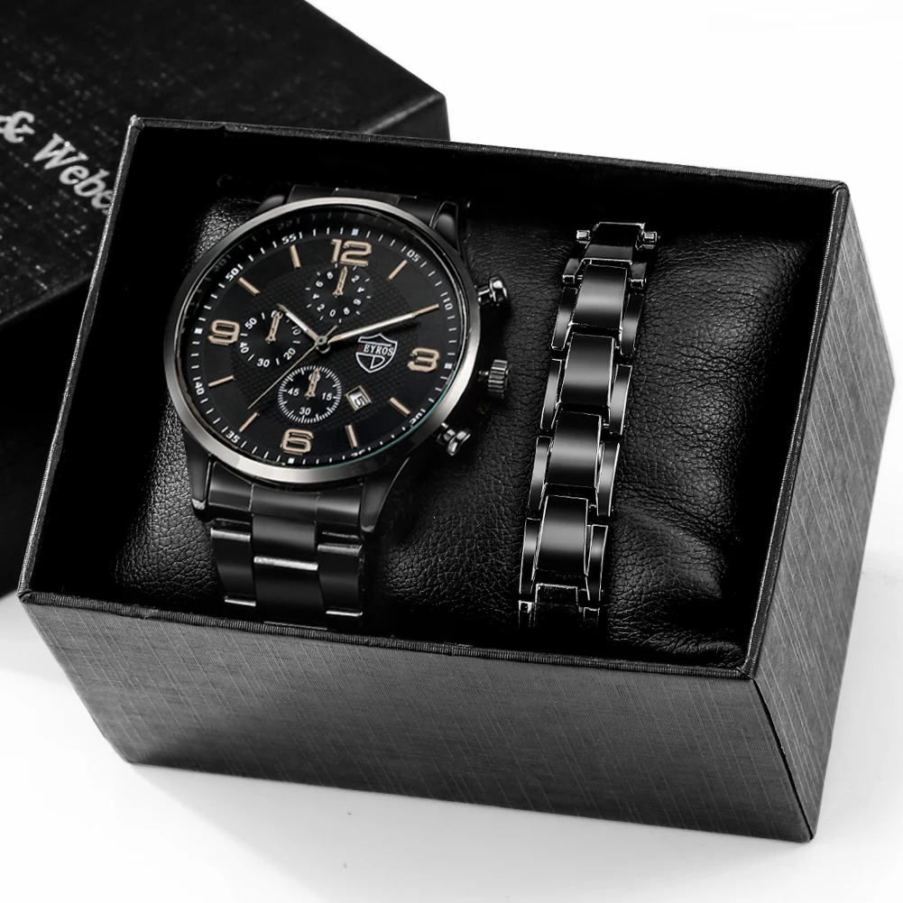 

Casual Business Calendar Men's Watch Three Bead Detachable Steel Band Bracelet Gift Box Set Quartz WristWatch Relogio Masculino