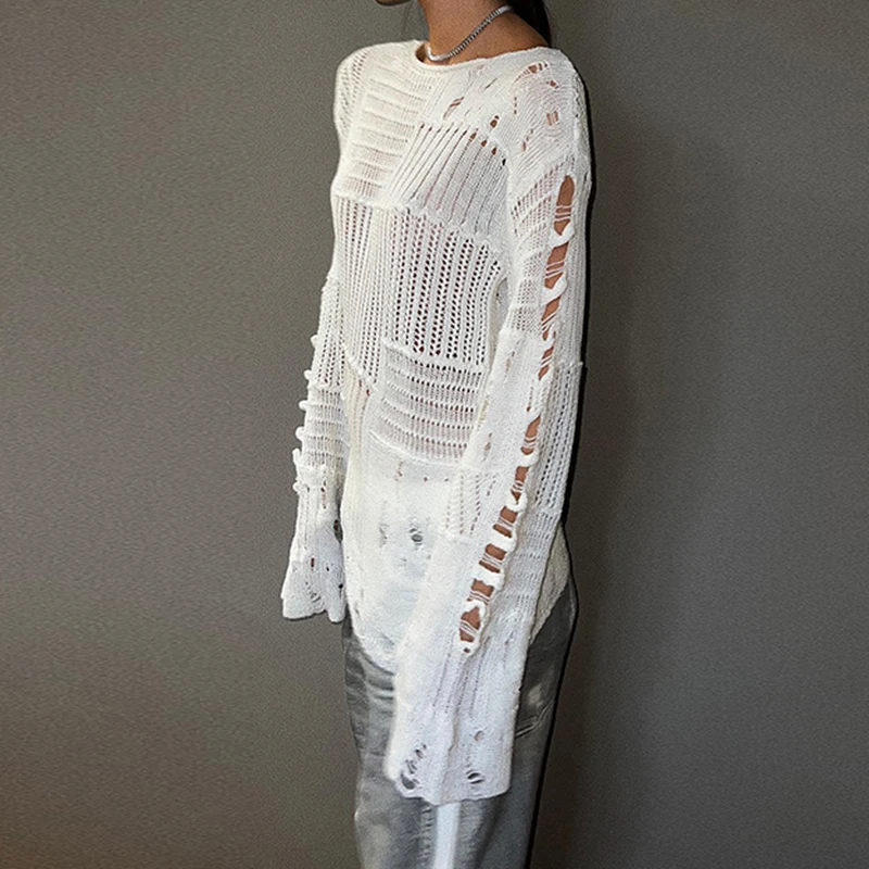 Ripped Women Full Length Pullovers Knitting Loose Casual Beggar Style Hollow Out Lady T-shirt Harajuku Streetwear Y2K
