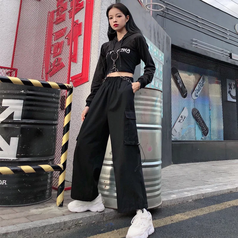 Black Casual Joggers Streetwear Elastic High Waist Autumn Loose Harajuku Trousers Korean Tide Ladies Pocket Cargo Womens Pants joggers for women