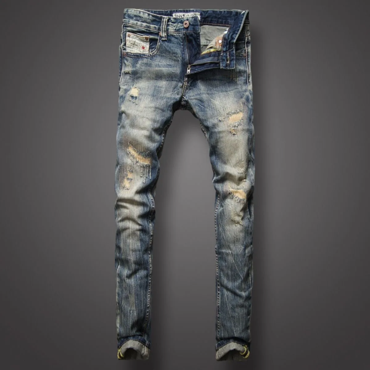 Ripped Jeans Men Spring and Autumn Casual Solid Color Vintage Slim Comfortable Elastic