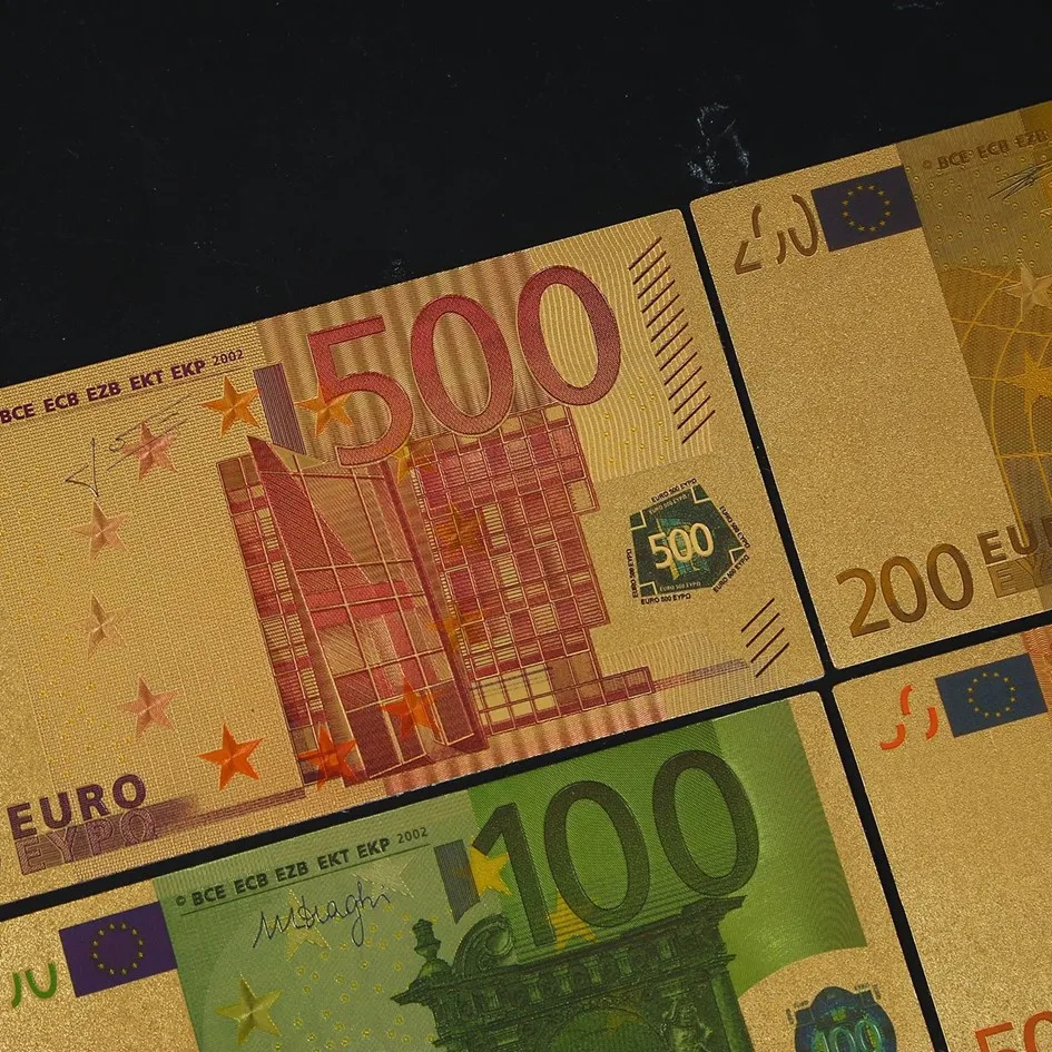 24K Gold Banknotes Gold Dollars Euro Antique Plated Commemorative Notes Euro Banknote Ornament Gold Plated Banknote Euro Banknote Crafts Commemorative Banknotes 7pcs/Set Home Decoration