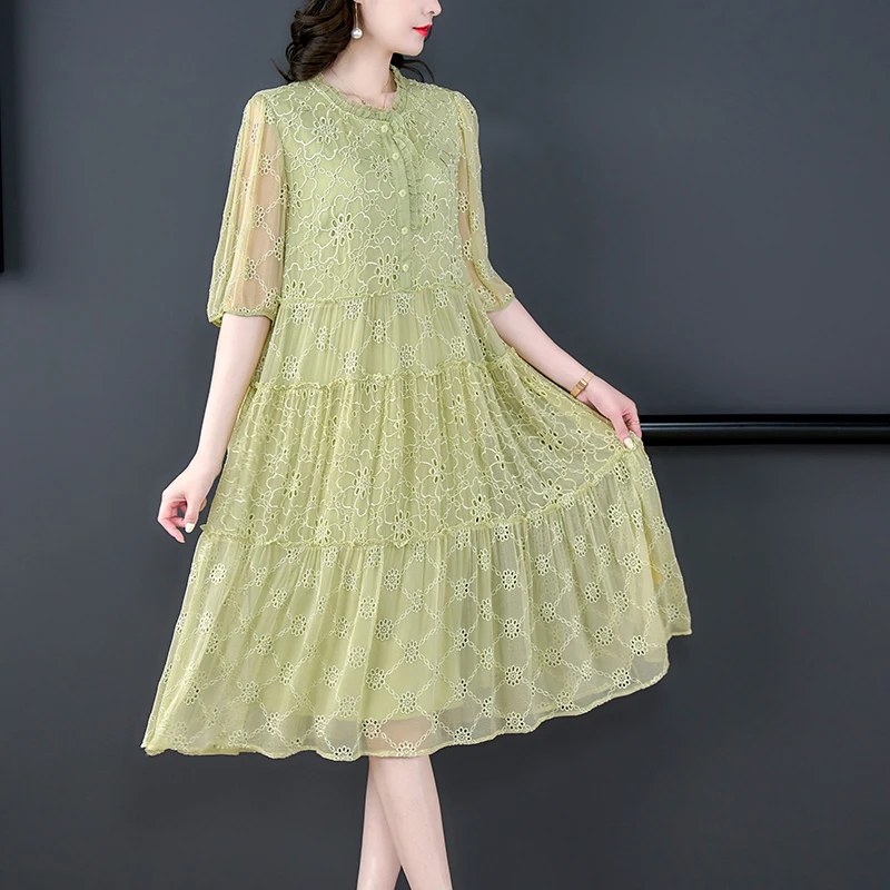 

Зеленое Шелковое длинное летнее элегантное шикарное платье с оборками на воротнике женское свободное модное платье в Корейском стиле