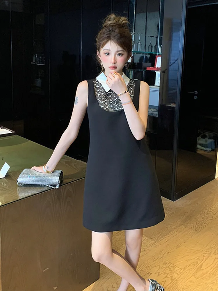 

2023 Summer Designer Patchwork Color Vest Mini Dress Women French Elegant Sequins With Diamonds Sleeveless Tank Vestidos Female