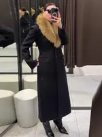Elegant Faux Fur Wool Long Coat Women Solid Full Sleeve Lapel Patchwork Waist-closed Slim Coats Female Fashion Winter Outwear 5