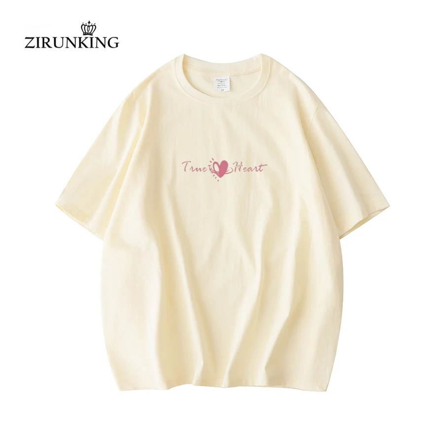 

ZIRUNKING-модные мешковатые винтажные хлопковые бежевые топы с круглым вырезом для женщин, повседневная синяя футболка с принтом Love All The Time, летняя футболка унисекс