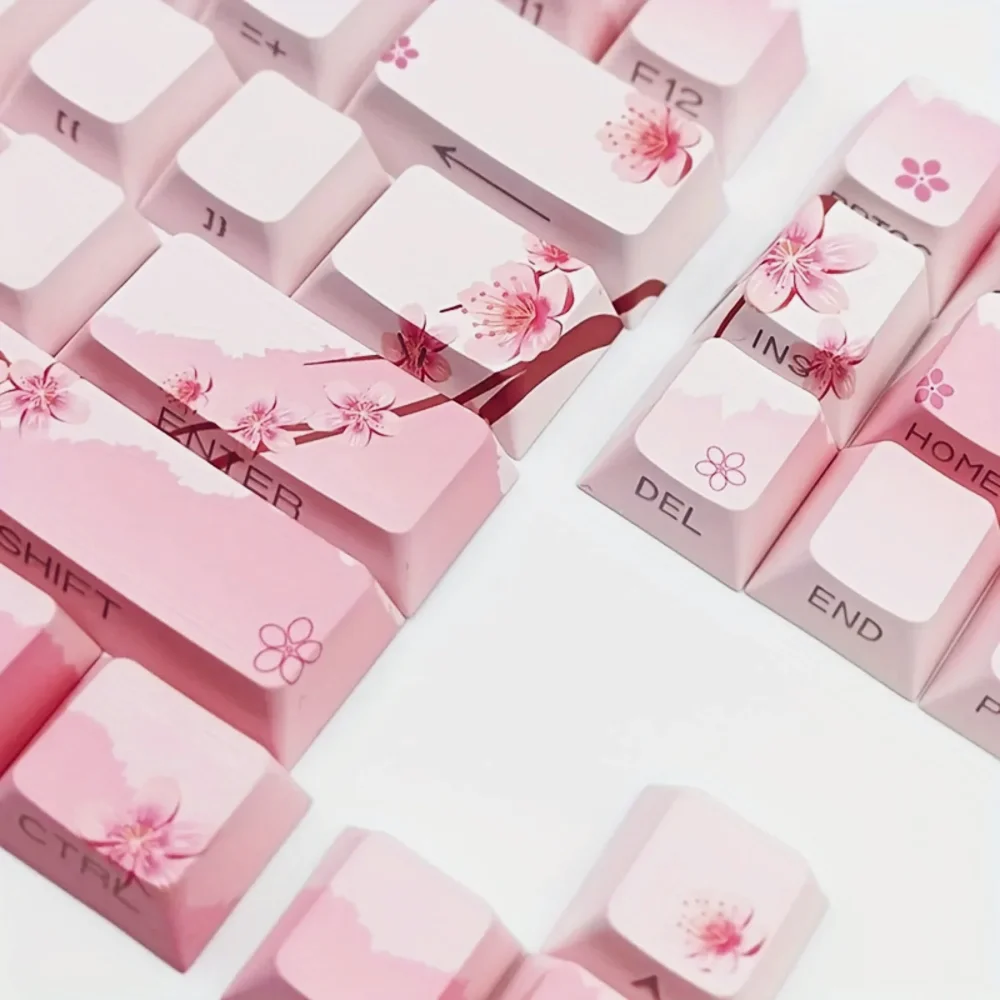 Cherry Blossom Pink Illuminated Keycap Set, Side Engraved PBT Material, 128 Keys, Cute Girl Design