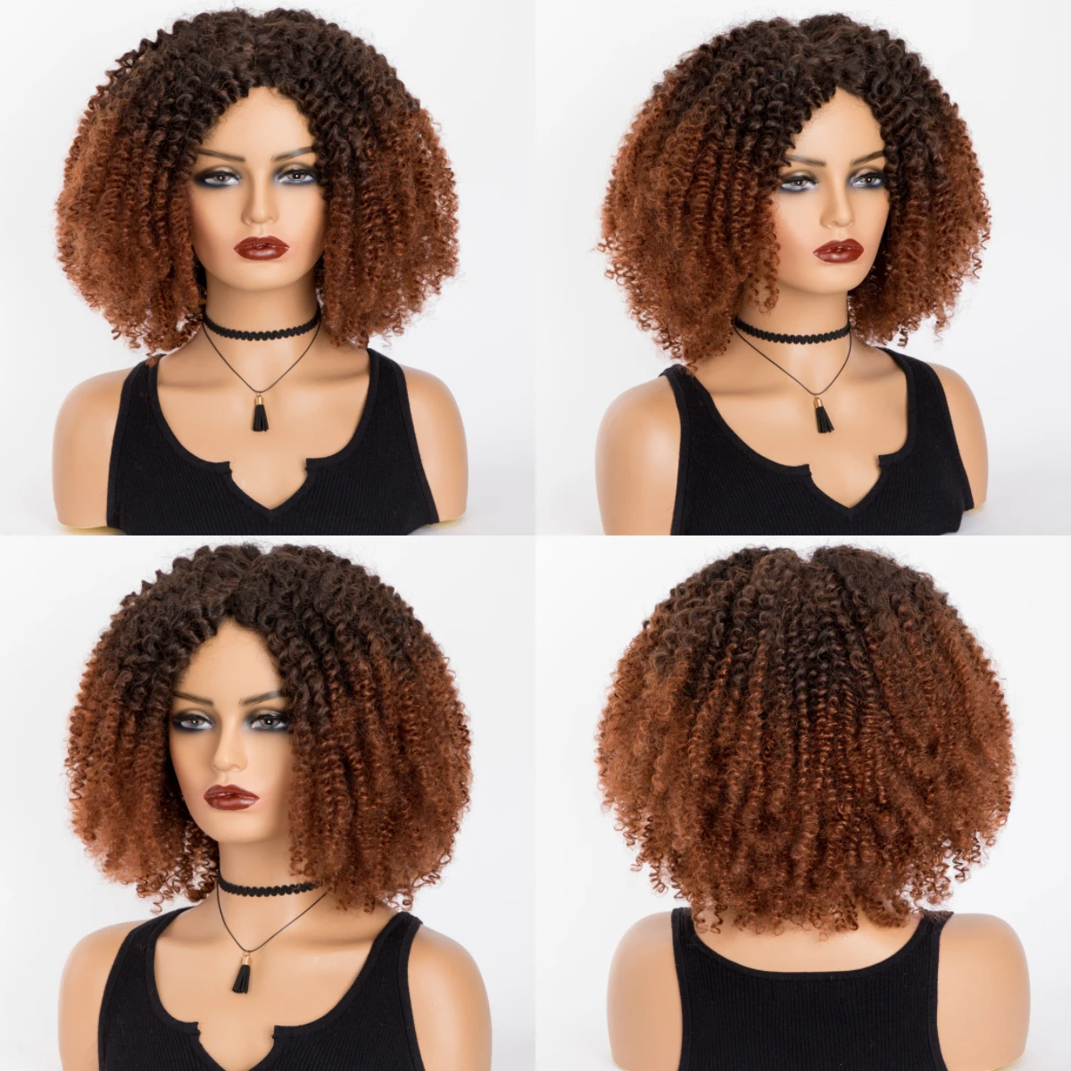 Wigera Korte Ombre Haar Afro Kinky Krullende Pruik Voor Zwarte Vrouwen Dames Synthetisch Lijmloze Zwart Bruin Pruiken Cosplay Dagelijks Gebruik