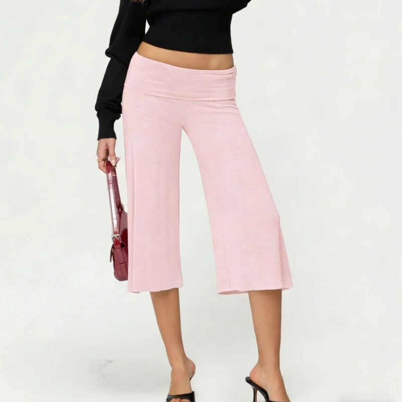 Women's Flowy Fold Over Capri Pants with Ruffle Hem and Elastic Waist