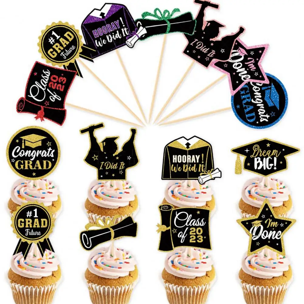 

8Pcs/Set Graduation Party Cupcake Topper with Bamboo Sticks Glitter Hat Diploma Gown Star Class Of 2023 Cake Decoration