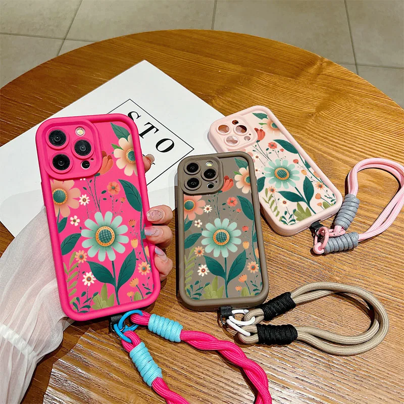 Floral Wrist Chain Lanyard Phone Case with Soft TPU Cover
