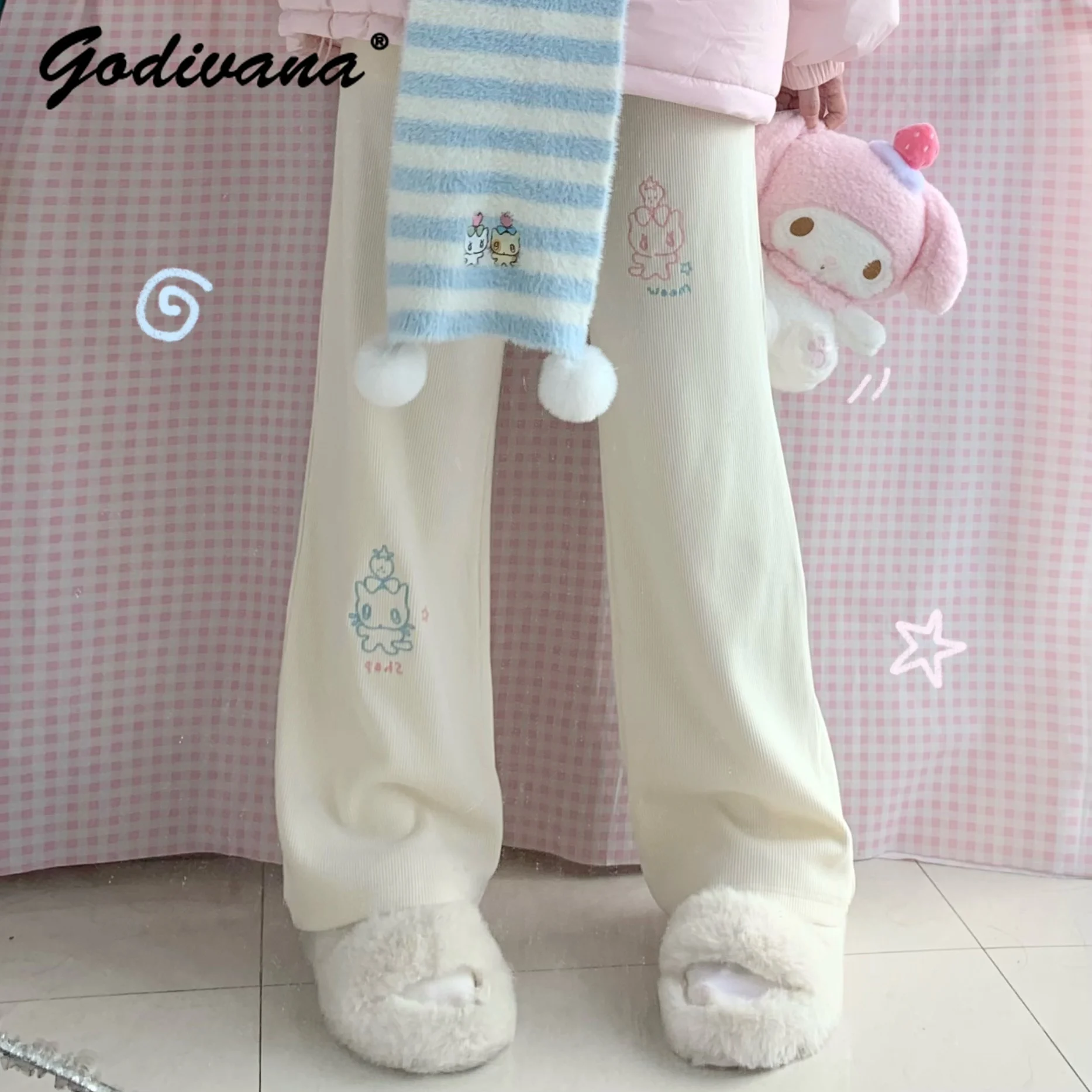 Original Cute Cartoon Embroidery Winter Drooping Slimming Fleece-Lined Trousers Women's Straight Wide-leg Pants Students