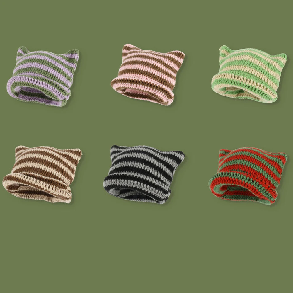

New Japanese Beanie Hat Ins Little Devil Striped Knitted Wool Cap Autumn and Winter Cute Cat Ears Pointed Pullover Women's Hats