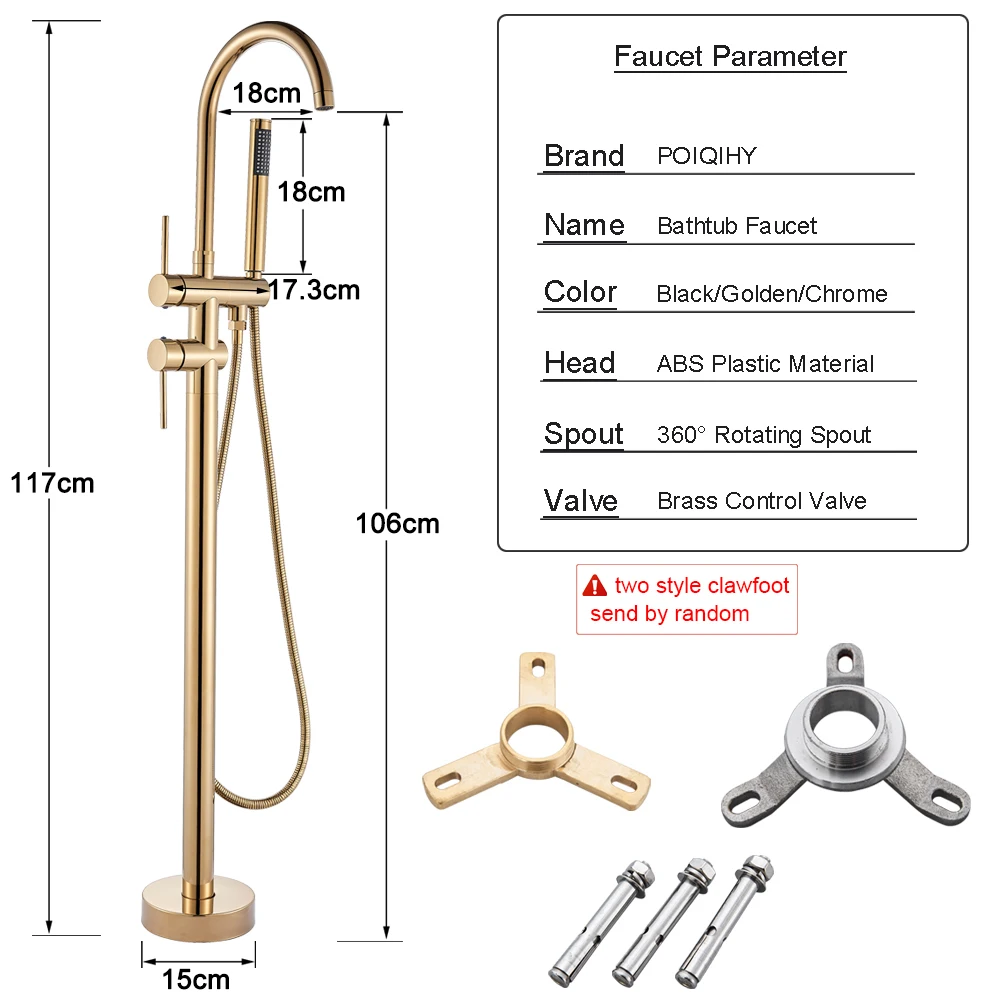 Golden Floor Standing Bath Mixer Black Bathtub Faucet and Showers Freestanding Bathtub Faucet Tap for Shower Floor Bath Tap 6