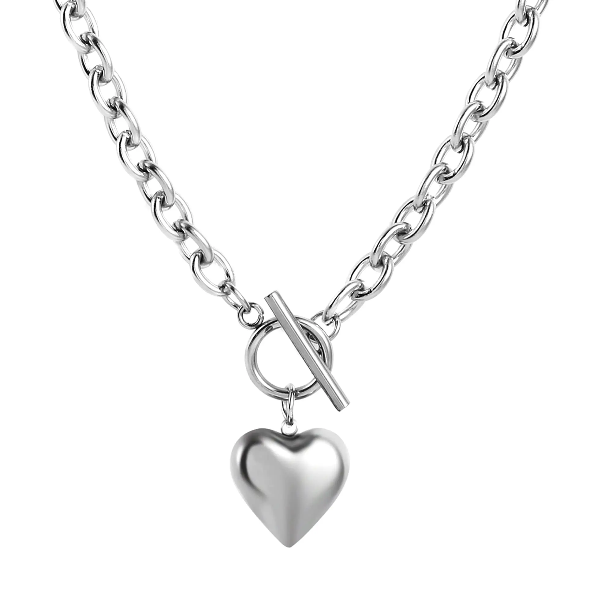 

HZMAN Women Stainless Steel Heart Pendant Necklace Cuban Chain Link Toggle Clasp Couple Fashion Charm Jewelry Gift Accessories