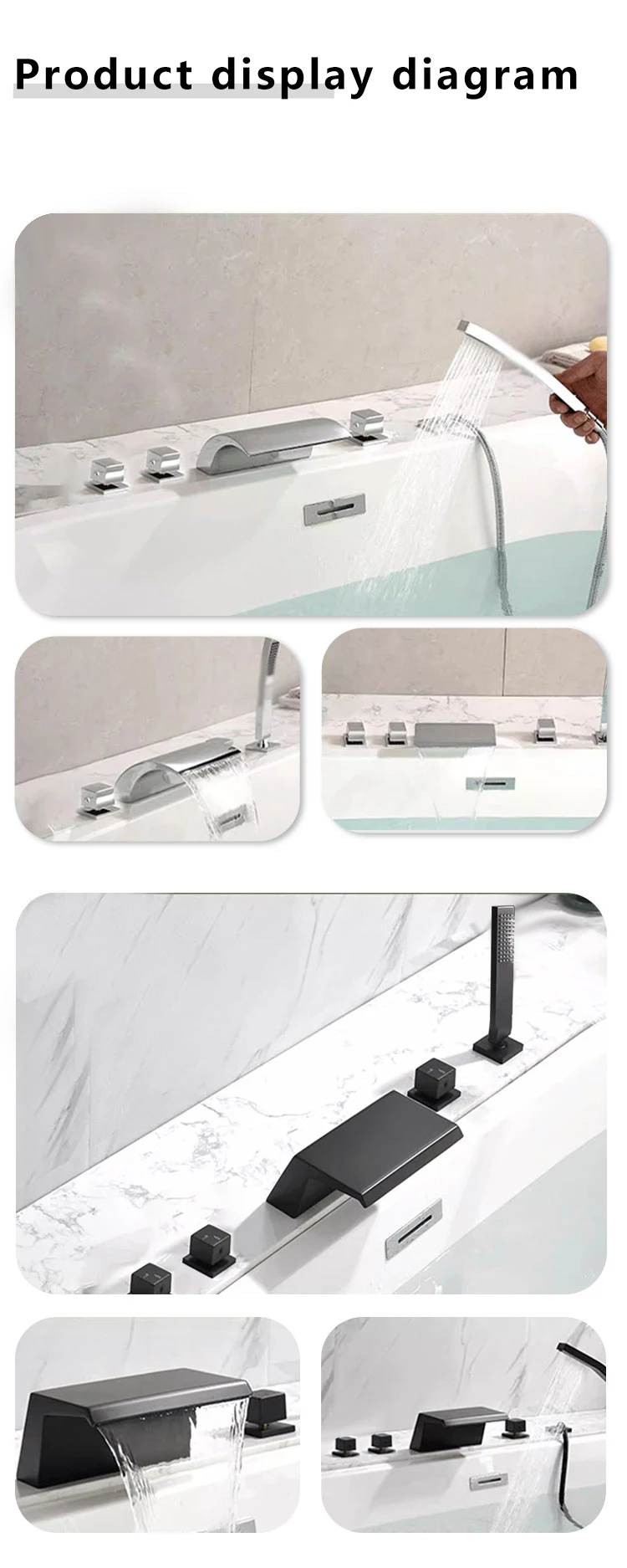 Description Picture 6 of item5PCS Square waterfall bathtub faucet set split cold & hot water Diverter Valve Mixer For Bath Shower and Basin Five Hole
