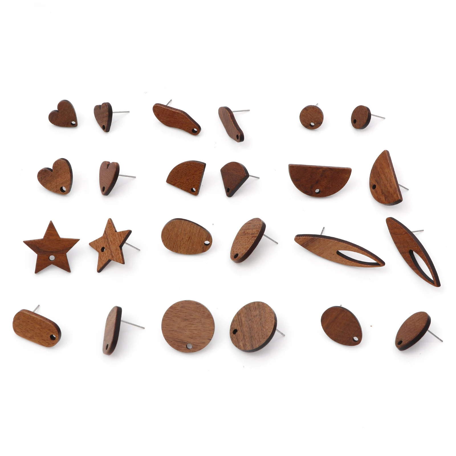 Wood Ear Post Stud Earrings Findings Geometric Brown With Loop Post