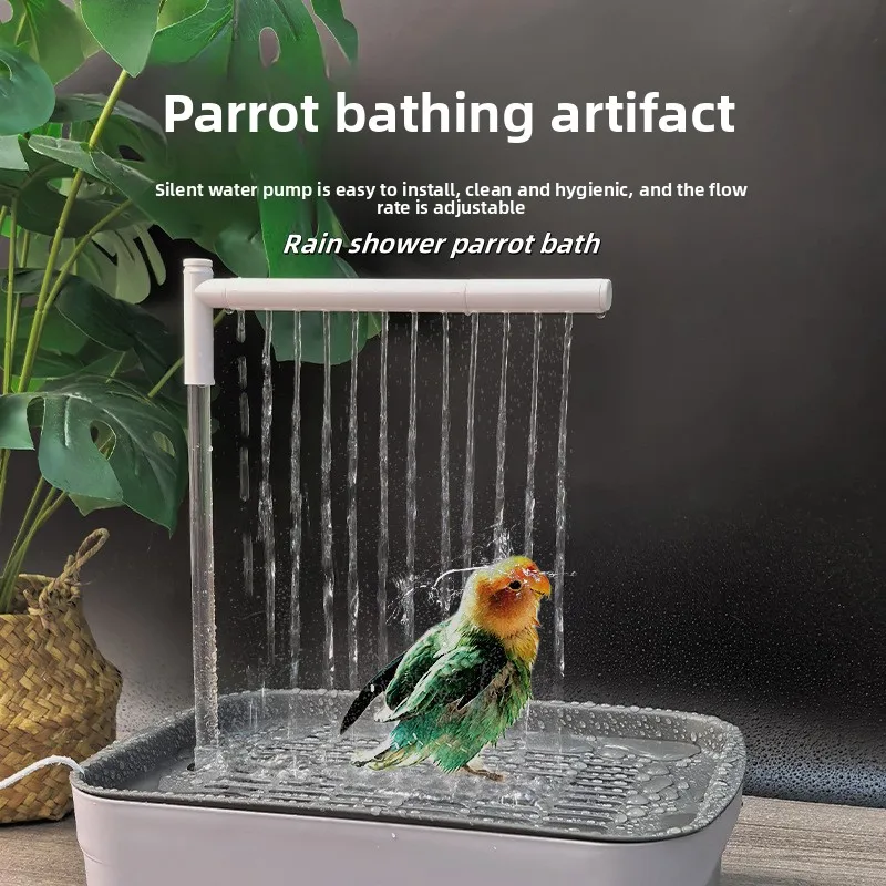 Automatic bird shower basin with parrot bathing under gentle water spray.