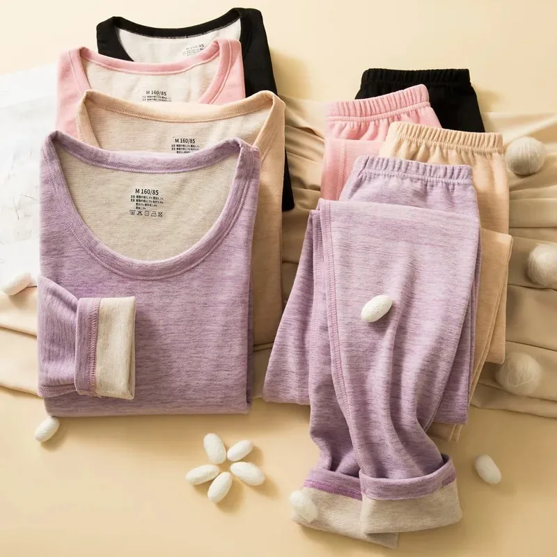 Women Thermal Underwear Set Wool And Silk Double Layer Thickened Fleece Brushed Thermal Shirt Mens Leggings Sexy Pants