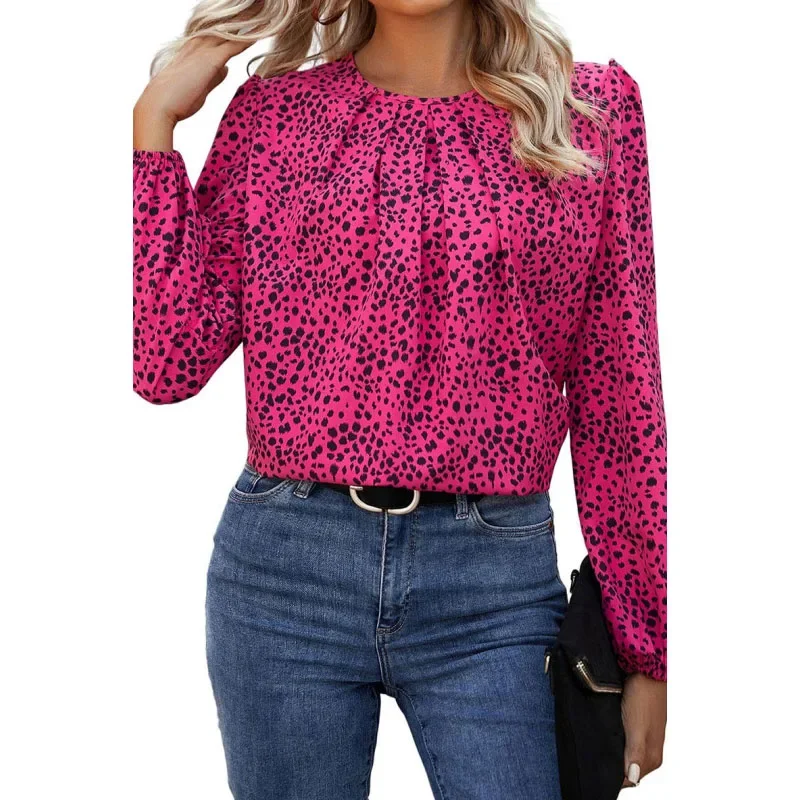 2023 New Autumn Fashion Leopard Print Round Neck Hollow Chiffon Lantern Sleeve Temperament Commuter Women's Unique Casual Top
