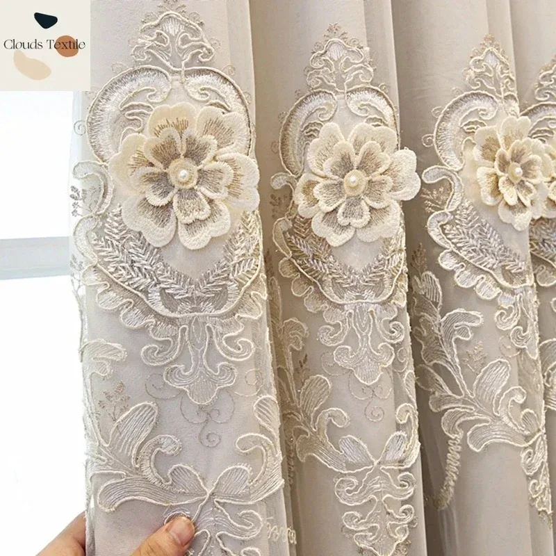 

Luxurious Romantic Embossed Embroidery Sheer Curtain For Living room Bedroom Tulle Velvet Lacework Double Layer Window Drapes