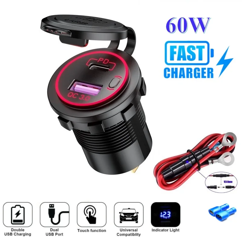 60W PD Type C/QC 3.0 USB Car Charger with Switch Socket Power Outlet Adapter Waterproof For 12V 24V Car Truck Boat RV Motorcycle