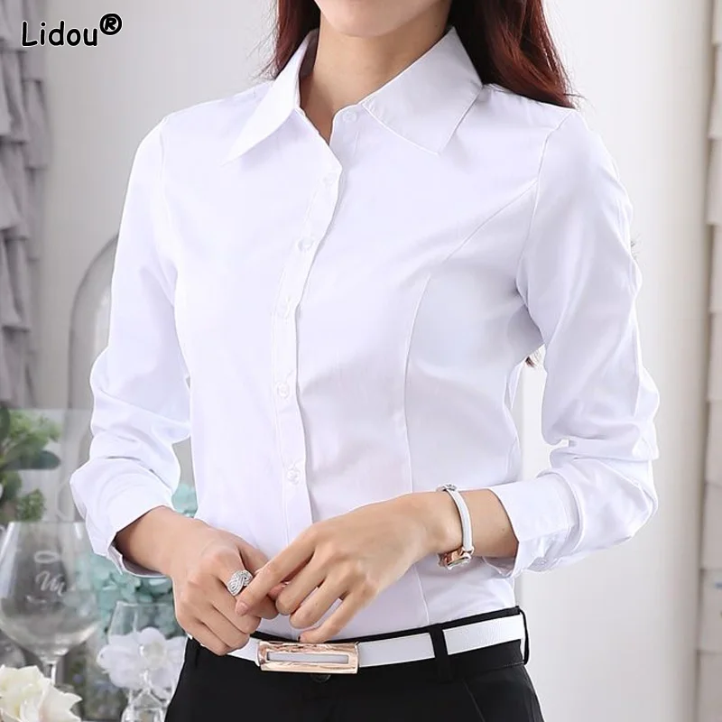 Fashion Office Lady Skinny Button Business Casual Formal Bottoming Solid Turn-down Collar Spring Summer Thin Women's Clothing timeless appeal men s vintage t shirts spring and autumn pullover sweaters v neck styles thin bottoming shirts for classic look