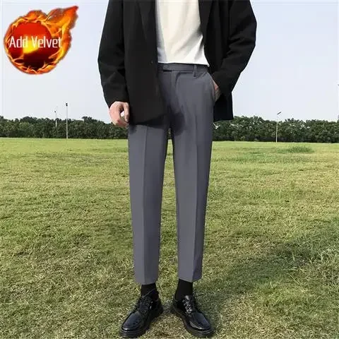 thumbnail image 1 of Pantalones de traje de negocios rectos y ajustados para hombre, de cintura alta, fluidos, para oficina, trabajo, social, sastrería, pantalones trenzados para hombres., 1 of 5