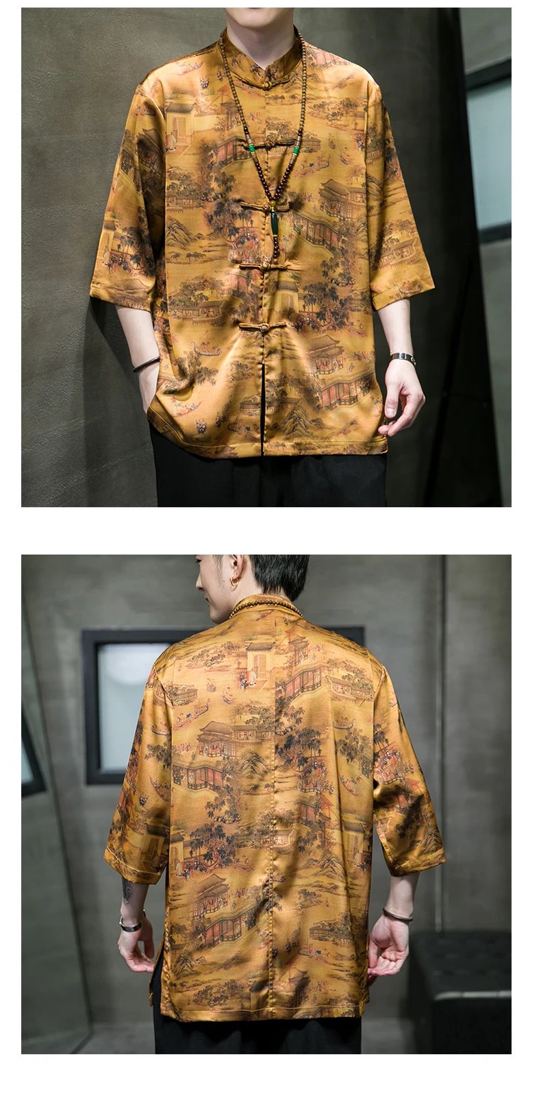 luxus herren bekleidung hemden herren summer clothes for men Sommer Eis Seide männer Landschaft Druck Kung Fu Hemd Tops Plus Größe männer Halbe hülse Hemd Elegante tang Disc Schnalle Hemd – Detail 15