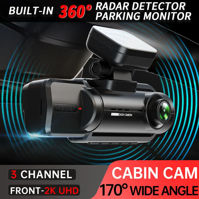 

FONDIM GPS Car DVR 3CH Dash Cam UHD 2K Front+170 FOV Cabin Camera+1080P Rear Built-in 24H Radar Parking IR Night Vision (A99-WB)