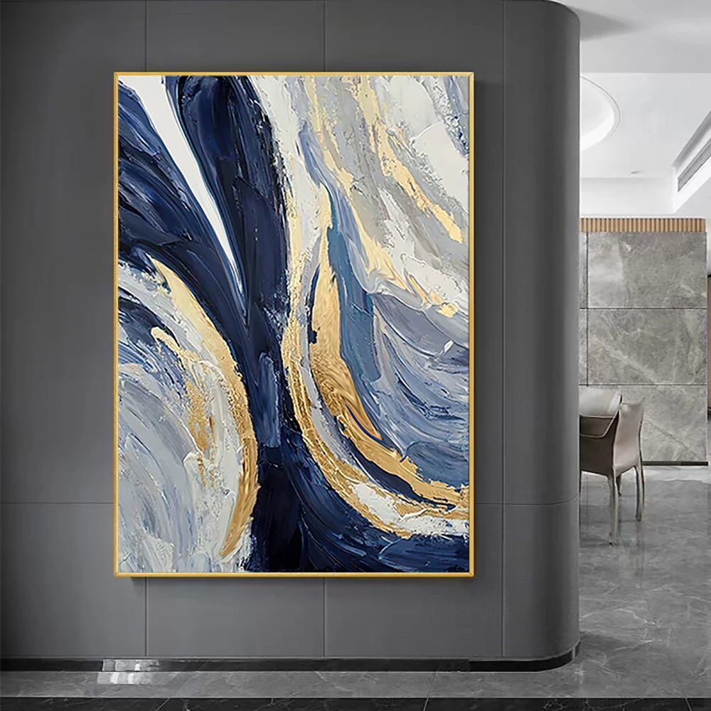

Abstract Bule Gold Foil Painting Hand Painted On Canvas Handmade Wall Art Picture Decor Home Living Room Bedroom Office Murals