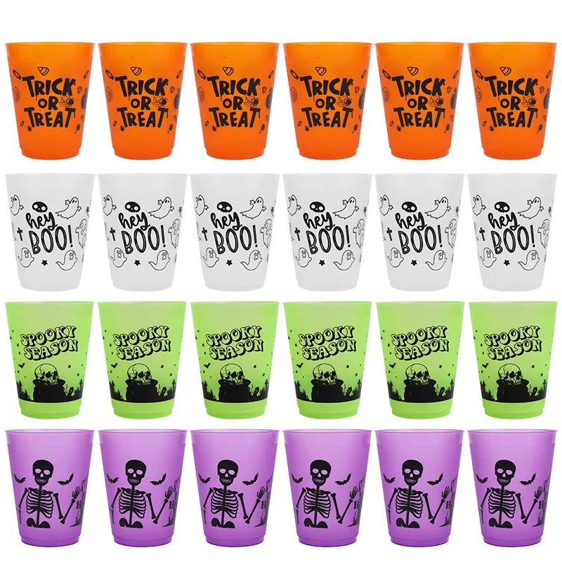 24pcs Halloween Plastic Cups Skull Trick or Treat Juice Cocktail Drinking Cups 2025 Halloween Theme Party Decoration Supplies