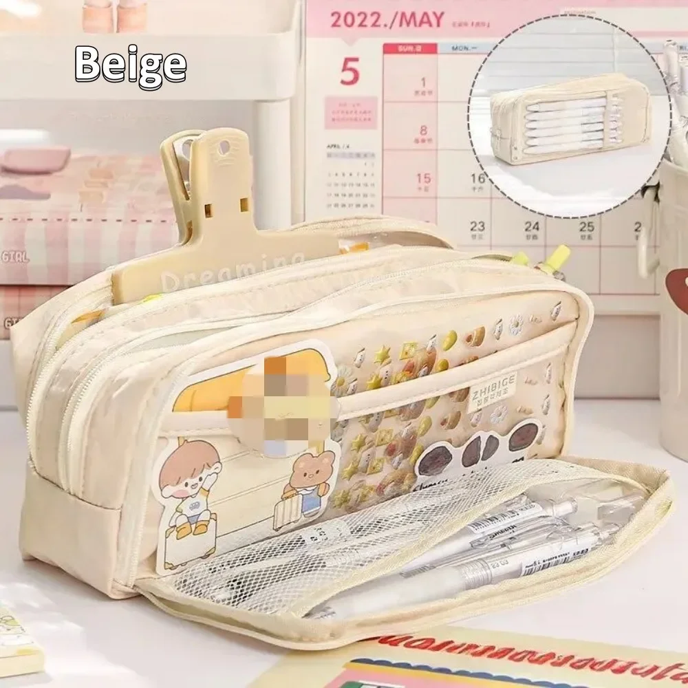 Astuccio Grande In Tela Beige Con 3 Scomparti – Multifunzione Per Ufficio E Scuola, 21x7x13 Cm - 3