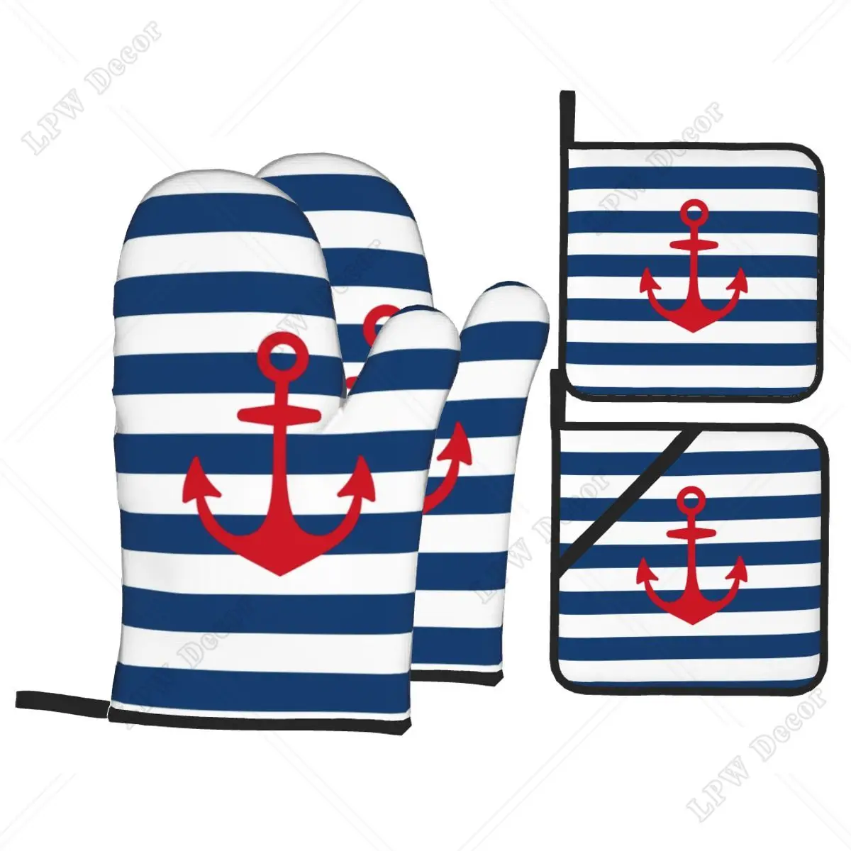 قفازات طبخ بحري مقاومة للحرارة ، قفازات فرن ، حوامل أوعية للمطبخ ، خبز ، شواء ، مرساة حمراء ، على خطوط بحرية ، مجموعات من 4