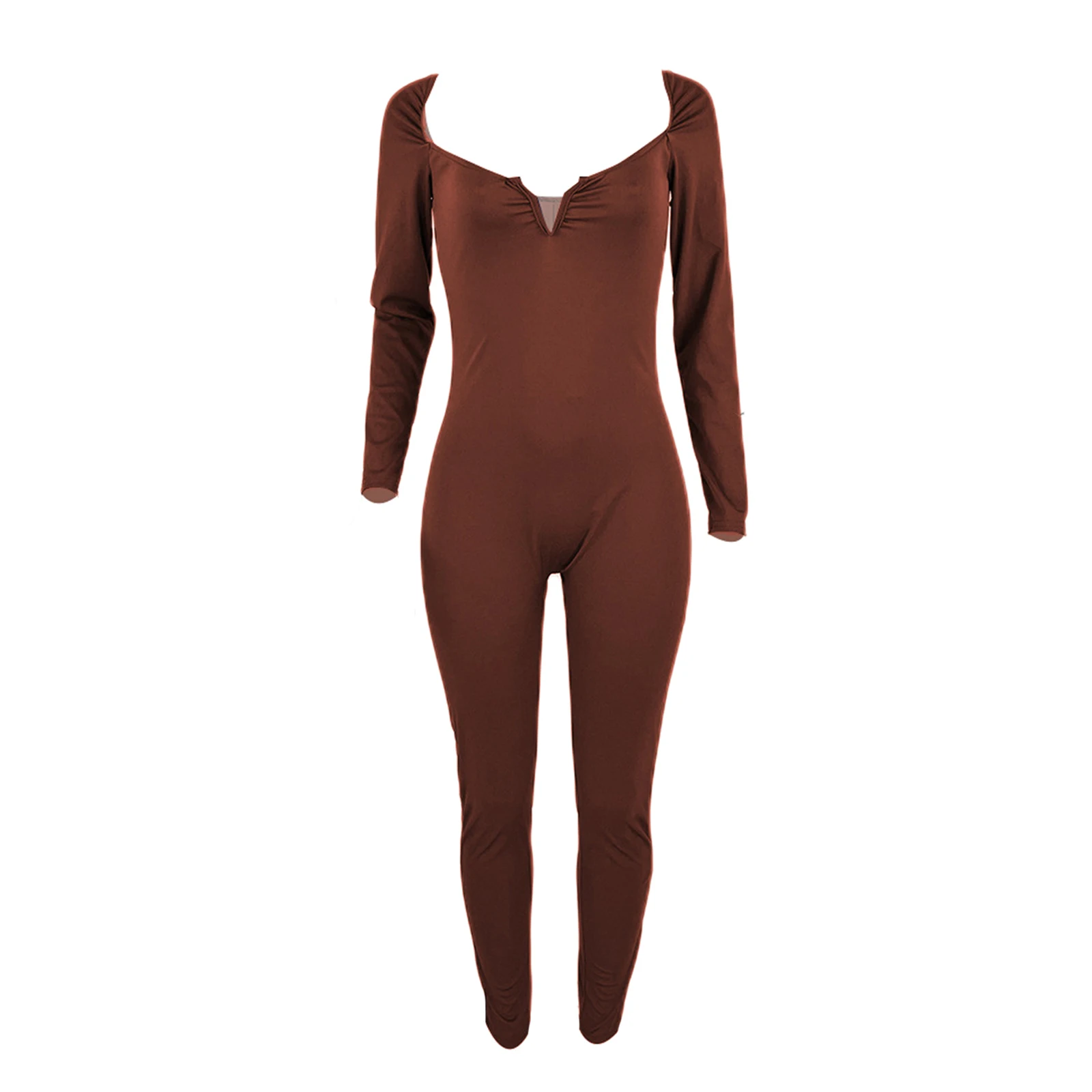 

Women's Bodycon Front Ruched Long Sleeve Unitard Jumpsuit Deep V Neck Stretchy Romper Solid Color combinaison femme