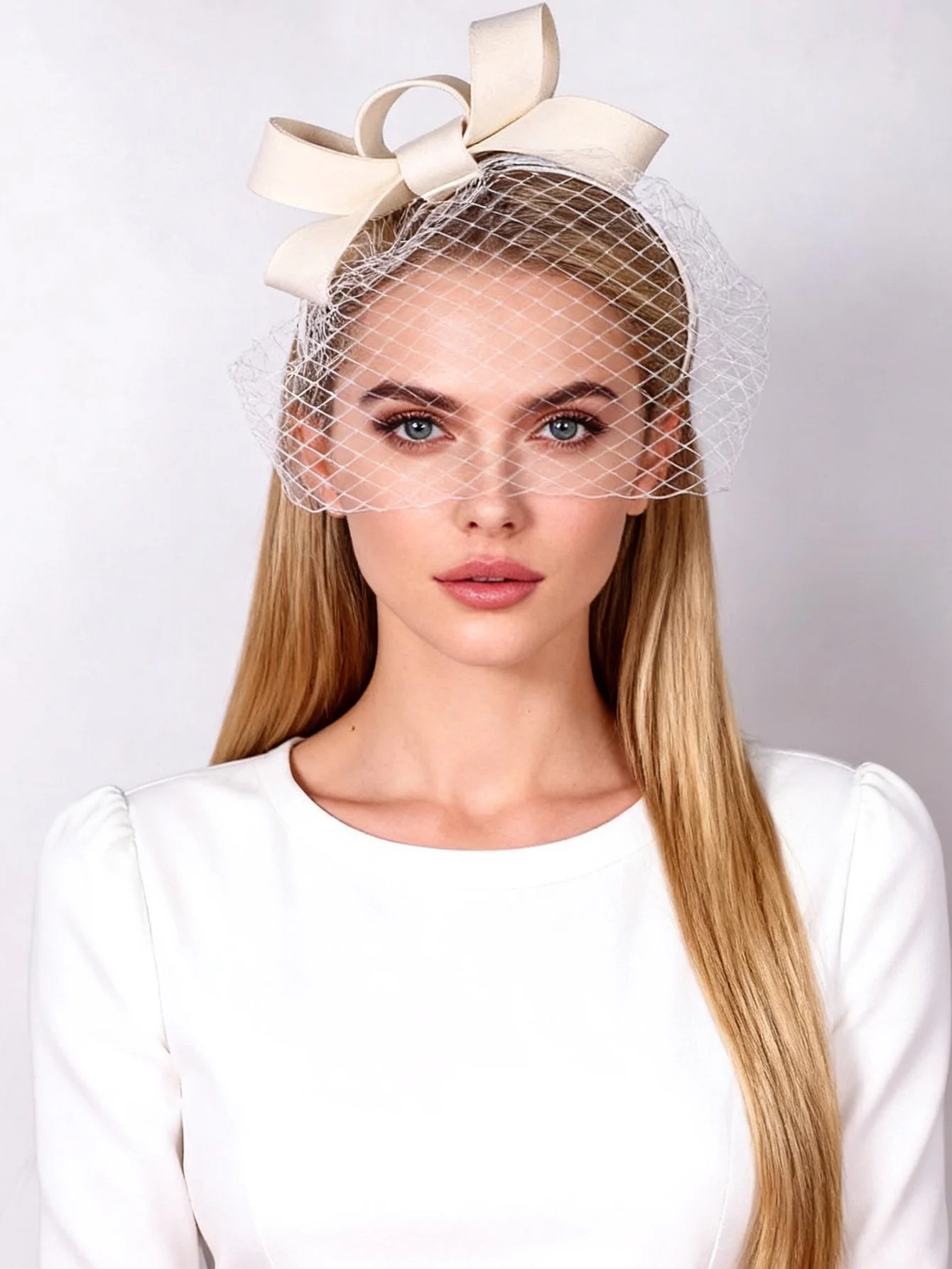 Elegant White Wool Felt Fascinator with Veil and Bowknot - Perfect for Weddings, Tea Parties, and Church Events