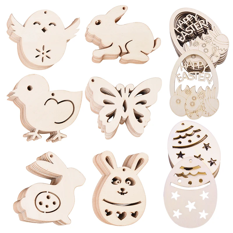 

10-50pcs Happy Easter Eggs Wood Chip Rabbit Egg Wooden Hanging Pendant Unfinished Graffiti Drawing DIY Wooden Craft Easter Decor