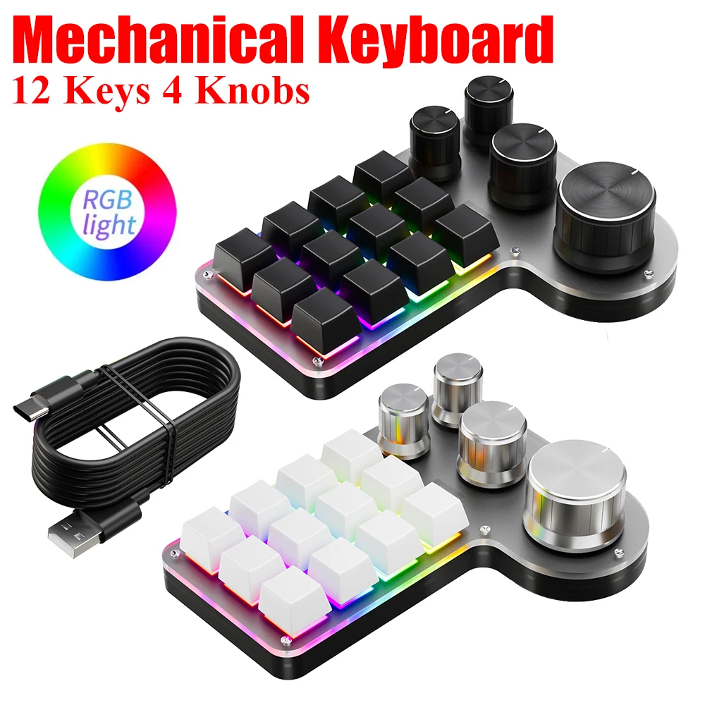 프로그래밍 매크로 커스텀 키보드, 12 키, 4 노브, RGB 기계식 키보드, USB 유선 게이밍 키패드, 핫스왑 블루투스 키보드