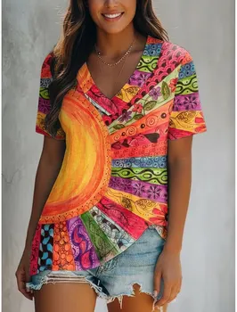 Women's Floral Graphic Color Block Vintage Boho T-shirt, V Neck Short Sleeve, Casual Daily Summer Wear, Orange